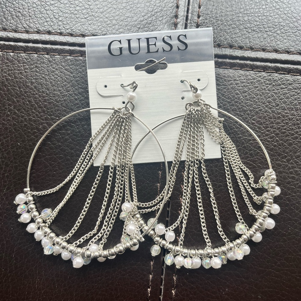 GUESS Silver Hoop Earrings with Chains